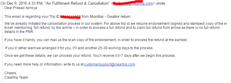 Dec 9th: Email from Cleartrip Team