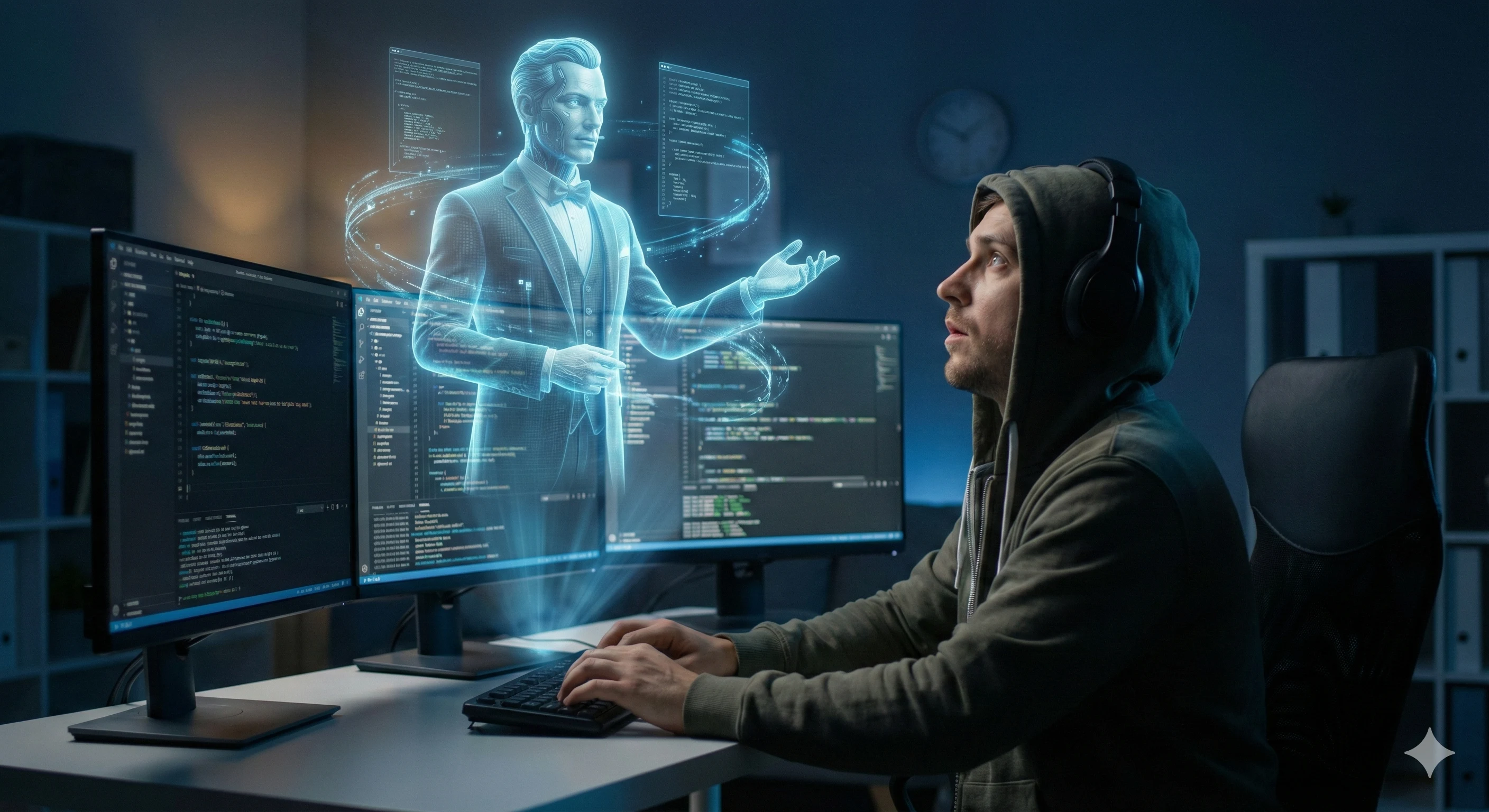 generate an image of an AI assistant (manifest Jarvis aiding Tony Stark) to a programmer while he is writing code